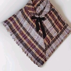 Coco + Carmen Poncho Cape Fall Autumn ORANGE TAN Brown Plaid Fringe TARTAN O/S